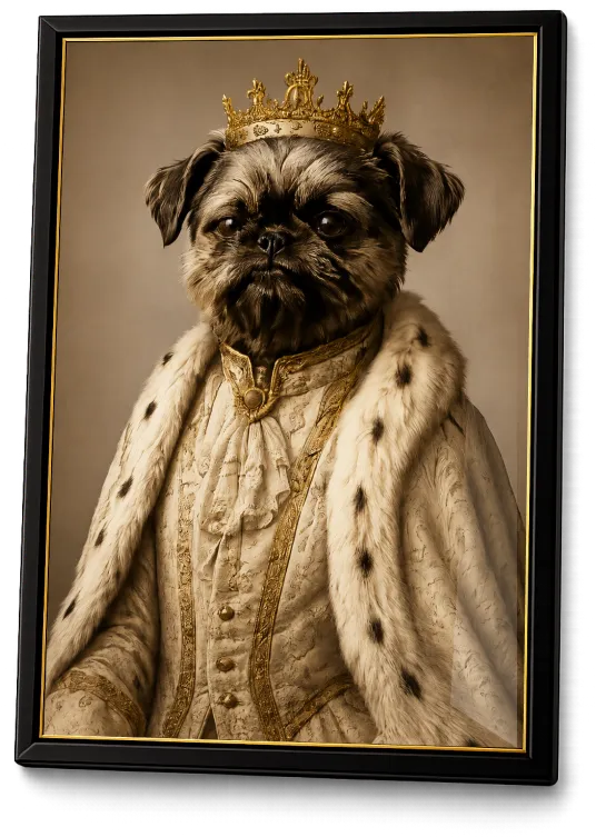 Ingelijst portret van een hond in koninklijk gewaad met kroon