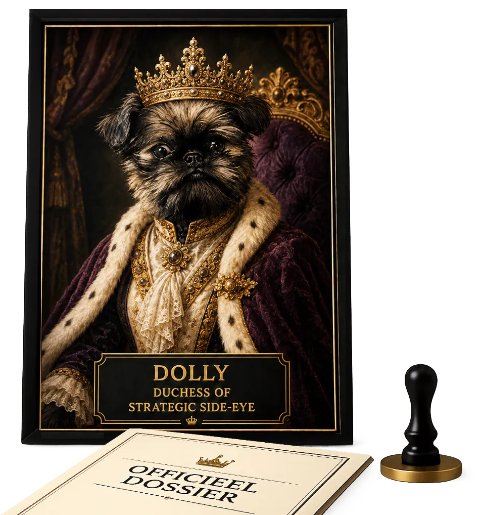 Dolly - Duchess of Strategic Side-Eye, in koninklijk portret naast het officiële dossier en stempel